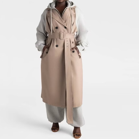 KBB by KAHLANA Women's 'The Sweatshirt Trench Coat' - Khaki/Heather Gray M New - Picture 2 of 5